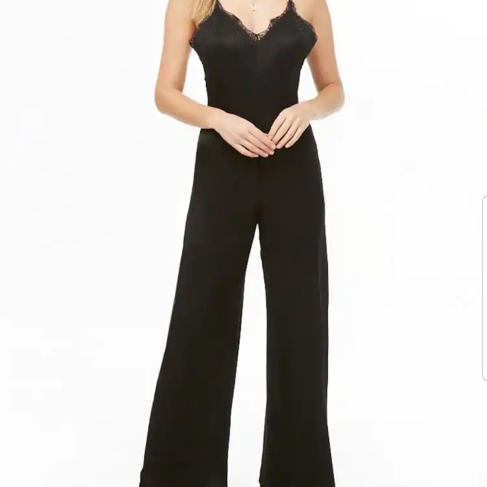 Satin Lace Trim Cami Jumpsuit